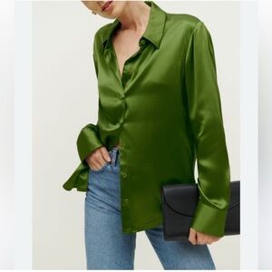 Reformation Sky Silk Top Palm Green Long Sleeve Blouse
